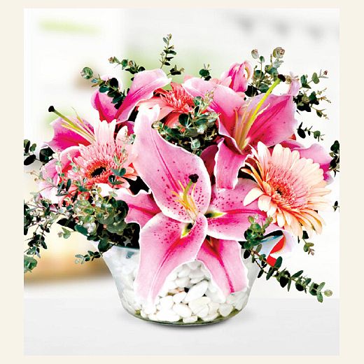 Camda Pembe Lilyum Gerbera — Çiçek Aranjmanı
